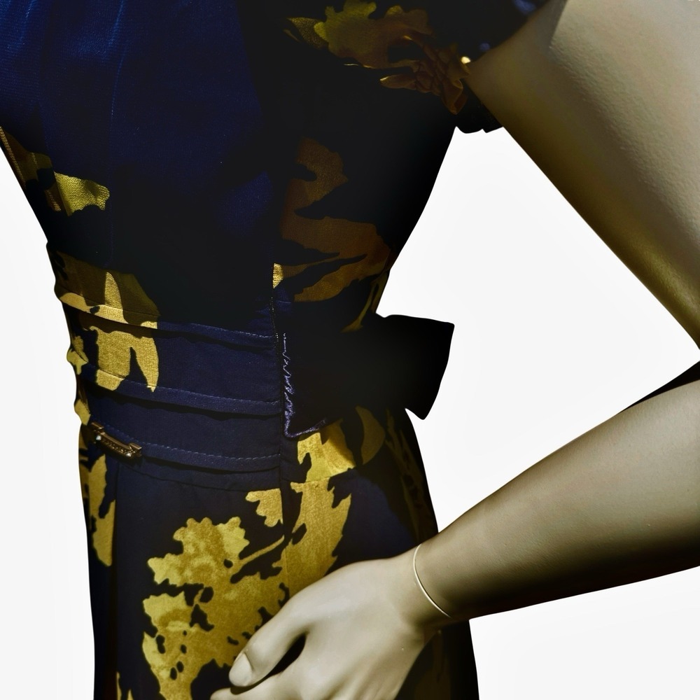 Marchesa Notte Maxi Dress 4 Navy Blue Yellow Flutter Bohemian Luxe Wedding Guest - Picture 13 of 16